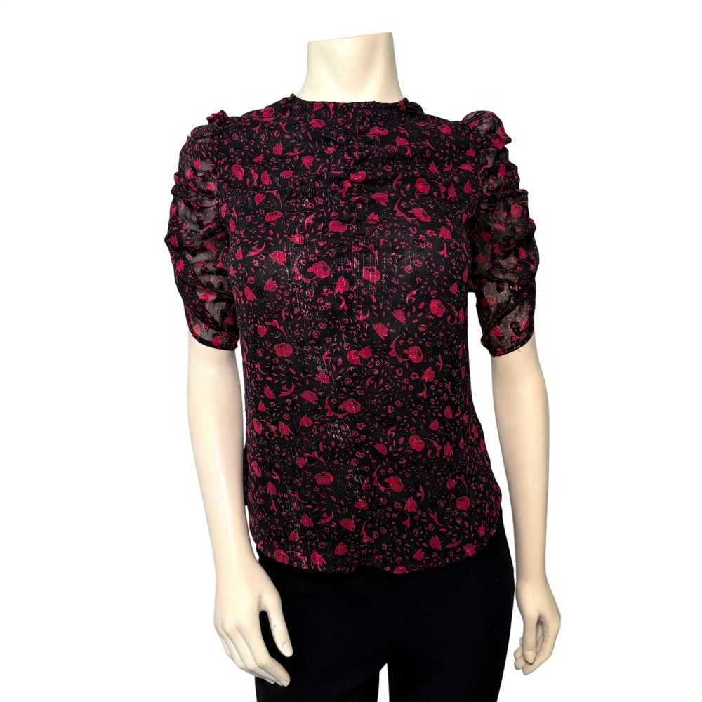 Express Blouse Women XS Red‎ Black Excellent Floral Puff Sleeve Metallic Shimmer